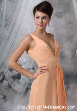 Sexy High Slit 2013 High-low Evening Dress with Orange V-neck