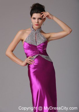 Fuchsia Halter Beading Evening Dresses for Celebrity with Backless