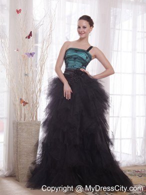 2013 One Shoulder Ruffles Tulle Appliques Evening Dress for Party