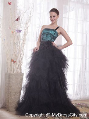 2013 One Shoulder Ruffles Tulle Appliques Evening Dress for Party