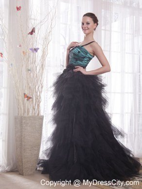 2013 One Shoulder Ruffles Tulle Appliques Evening Dress for Party