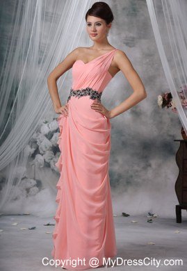 Beaded Decorate Waist Ruches One Shoulder Ruffles Evening Dress