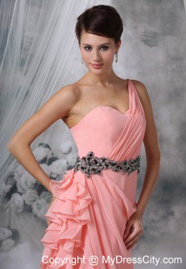 Beaded Decorate Waist Ruches One Shoulder Ruffles Evening Dress