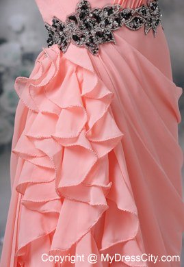 Beaded Decorate Waist Ruches One Shoulder Ruffles Evening Dress