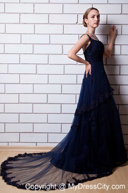 Navy Blue A-line Straps Backless Long Evening Dresses for Celebrity