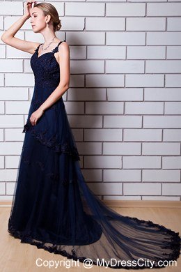 Navy Blue A-line Straps Backless Long Evening Dresses for Celebrity