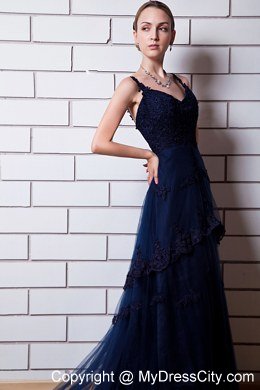 Navy Blue A-line Straps Backless Long Evening Dresses for Celebrity