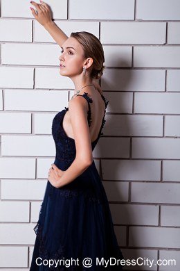 Navy Blue A-line Straps Backless Long Evening Dresses for Celebrity