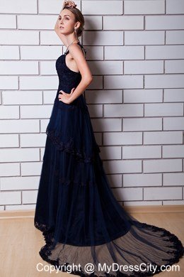 Navy Blue A-line Straps Backless Long Evening Dresses for Celebrity