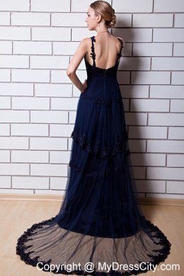 Navy Blue A-line Straps Backless Long Evening Dresses for Celebrity