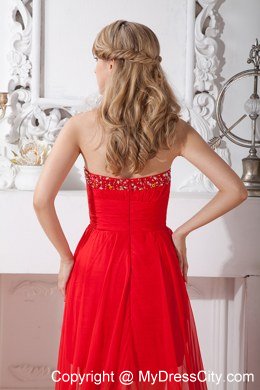 Red High-low 2013 Evening Cocktail Dress with Beading and Ruches