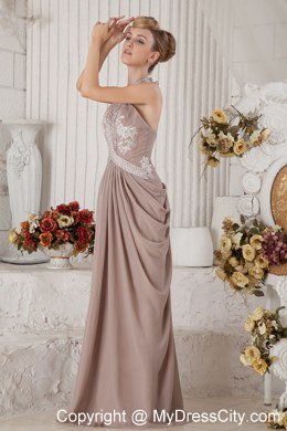 Brown Halter Chiffon Appliques and Ruches Prom Evening Dresses