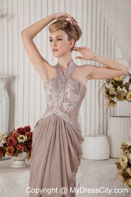 Brown Halter Chiffon Appliques and Ruches Prom Evening Dresses