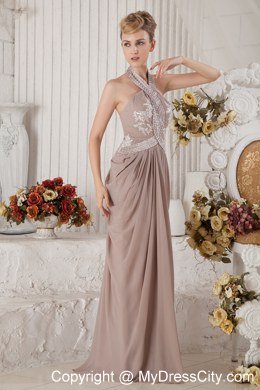 Brown Halter Chiffon Appliques and Ruches Prom Evening Dresses