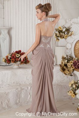 Brown Halter Chiffon Appliques and Ruches Prom Evening Dresses