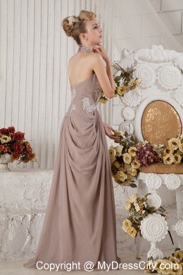 Brown Halter Chiffon Appliques and Ruches Prom Evening Dresses