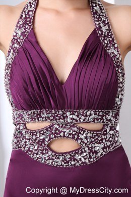 Dark Purple Halter Beading Short Evening Gowns with Backless