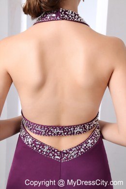 Dark Purple Halter Beading Short Evening Gowns with Backless