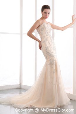 Champagne Mermaid Strapless Evening Dress with Organza Sequins