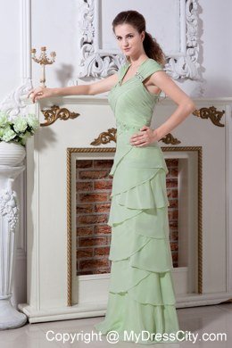 Yellow Green V-neck Cap Sleeves Ruffles Layers Evening Dresses