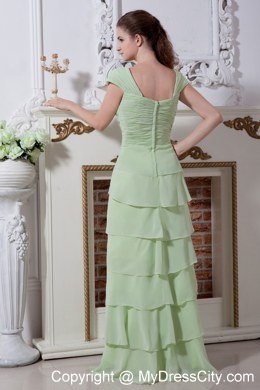 Yellow Green V-neck Cap Sleeves Ruffles Layers Evening Dresses