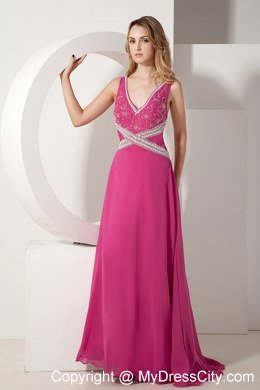 Long Hot Pink V-neck Beading and Appliques Evening Dress