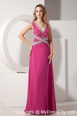 Long Hot Pink V-neck Beading and Appliques Evening Dress