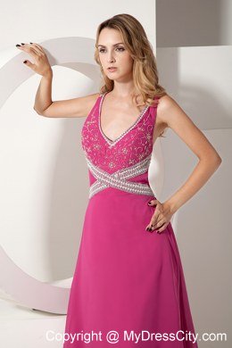 Long Hot Pink V-neck Beading and Appliques Evening Dress