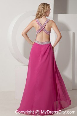 Long Hot Pink V-neck Beading and Appliques Evening Dress