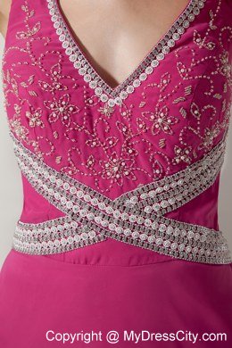 Long Hot Pink V-neck Beading and Appliques Evening Dress