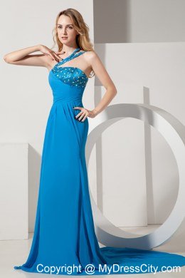 Blue One Beaded Shoulder Sheath Evening Dress with Train