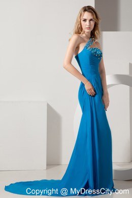 Blue One Beaded Shoulder Sheath Evening Dress with Train