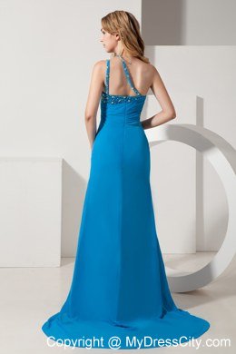 Blue One Beaded Shoulder Sheath Evening Dress with Train