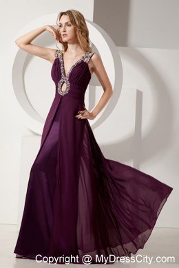 Slinky Purple V-neck Beaded Maxi Evening Dress with Straps