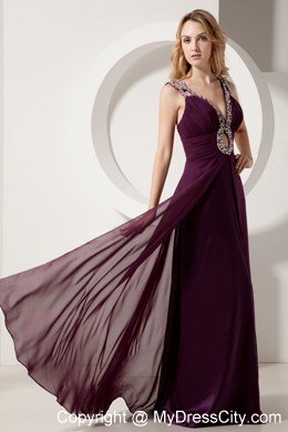 Slinky Purple V-neck Beaded Maxi Evening Dress with Straps