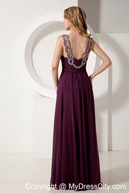 Slinky Purple V-neck Beaded Maxi Evening Dress with Straps