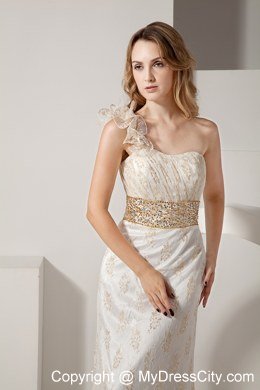 Beaded White Lace Evening Dress with One Ruffle Shoulder