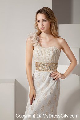 Beaded White Lace Evening Dress with One Ruffle Shoulder