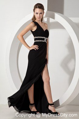 Black One Shoulder High Slit Evening Party Dress with Beading