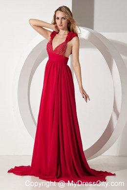 Long Red Empire Straps Beading Prom Evening Dress with Train