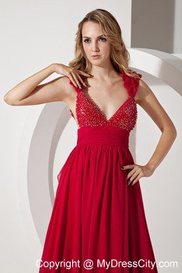 Long Red Empire Straps Beading Prom Evening Dress with Train