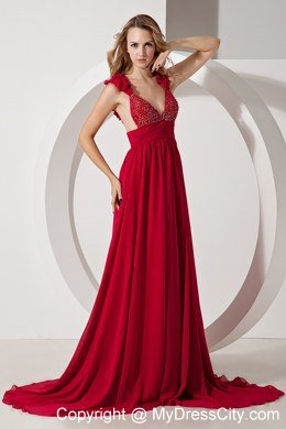 Long Red Empire Straps Beading Prom Evening Dress with Train