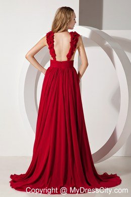 Long Red Empire Straps Beading Prom Evening Dress with Train