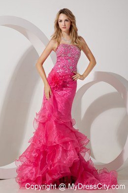 Beaded Mermaid Hot Pink Ruffled Evening Dress with Flower