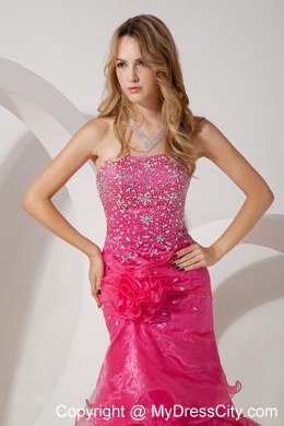 Beaded Mermaid Hot Pink Ruffled Evening Dress with Flower