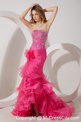 Beaded Mermaid Hot Pink Ruffled Evening Dress with Flower