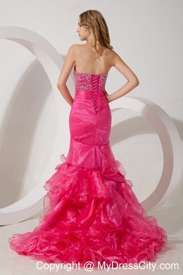 Beaded Mermaid Hot Pink Ruffled Evening Dress with Flower