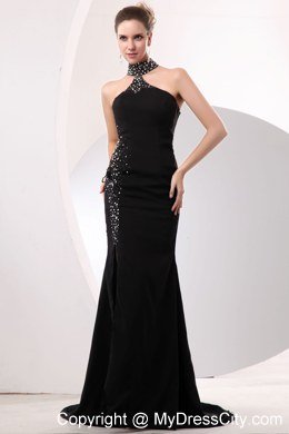 Beaded High-neck Black Hollow Out Evening Dress with Train