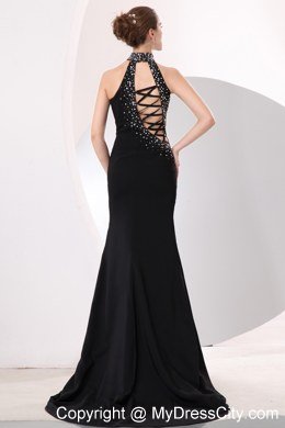 Beaded High-neck Black Hollow Out Evening Dress with Train