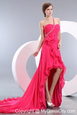 Hot Pink One Shoulder High-low Evening Dresses with Flower